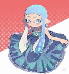 Rule 34 | 1girl, bare arms, bare shoulders, blue dress, blue eyes, blue hair, blush, bracelet, closed mouth, cross-laced clothes, dress, earrings, gem, inkling, inkling girl, inkling player character, jewelry, kirikuchi riku, light blue hair, long hair, mask, necklace, nintendo, pearl (gemstone), pearl bracelet, pearl earrings, pearl necklace, pointy ears, smile, solo, strapless, strapless dress, suction cups, tentacle hair