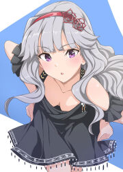Rule 34 | 1girl, bare shoulders, black dress, black sleeves, blush, breasts, cleavage, collarbone, cowboy shot, detached sleeves, dress, earrings, frilled sleeves, frills, grey hair, hairband, hands on own hips, idolmaster, idolmaster (classic), idolmaster million live!, idolmaster million live! theater days, idolmaster starlit season, jewelry, large breasts, leaning forward, long hair, looking at viewer, parted lips, purple eyes, red hairband, shijou takane, shinomiyabi, sleeveless, sleeveless dress, solo, standing, two-tone background