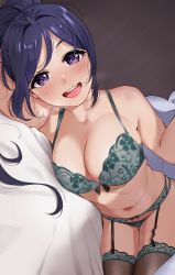 Rule 34 | 1girl, :d, bed, blue eyes, blue hair, blush, bow, bra, breasts, cleavage, garter belt, green panties, heart, heart-shaped pupils, highres, igarashi kyouhei, large breasts, lingerie, long hair, looking at viewer, love live!, love live! sunshine!!, lying, matsuura kanan, navel, on bed, on side, open mouth, panties, ponytail, pov across bed, smile, solo, stomach, symbol-shaped pupils, thighhighs, underwear, underwear only