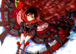 Rule 34 | 1girl, between legs, boots, cape, dress, flower, frills, from above, looking up, red hair, red rose, ribbon, rose, ruby rose, rwby, scythe, grey eyes, solo, weapon, yy nogoro