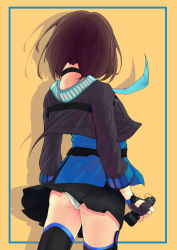 Rule 34 | 1girl, absurdres, ass, bad id, bad pixiv id, black choker, black gloves, black jacket, black skirt, black thighhighs, blue background, blue necktie, blue shirt, brown background, brown hair, choker, colored shadow, commentary, cropped jacket, drop shadow, explosive, facing away, fingerless gloves, from behind, girls&#039; frontline, gloves, grenade, highres, holding, holding grenade, jacket, long sleeves, necktie, open clothes, open jacket, panties, pleated skirt, sar-21 (girls&#039; frontline), shadow, shirt, short hair, skirt, solo, teshu, thighhighs, two-tone background, underwear, white panties
