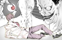 2boys black_hair black_lips brown_hair closed_mouth death_note dress_shoes earrings full_body hair_between_eyes highres holding_eyeball jacket jewelry kinbakuoujii male_focus monochrome monster multiple_boys necktie parted_lips reclining red_eyes red_necktie ryuk sharp_teeth shinigami short_hair smile suit_jacket sweatdrop teeth yagami_light