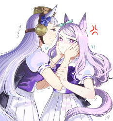 Rule 34 | 2girls, anger vein, animal ears, bow, brown headwear, closed mouth, gold ship (umamusume), grin, hair bow, hands on another&#039;s cheeks, hands on another&#039;s face, highres, horse ears, horse girl, horse tail, long hair, looking at another, mejiro mcqueen (umamusume), multiple girls, open mouth, purple eyes, purple hair, purple shirt, rosette (roze-ko), sailor collar, school uniform, shirt, short sleeves, simple background, skirt, smile, tail, teeth, umamusume, v-shaped eyebrows, white background, white skirt