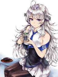 Rule 34 | 1girl, ahoge, black pantyhose, blue necktie, closed mouth, collared shirt, cup, food, green tea, grey eyes, headgear, holding, holding cup, kantai collection, kurou (bcrow), long hair, military, military uniform, necktie, pantyhose, plate, pleated skirt, shirt, silver hair, simple background, sitting, skirt, solo, tea, toothpick, uniform, wagashi, washington (kancolle), white background, white shirt, white skirt, youkan (food)
