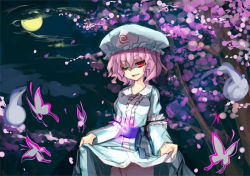Rule 34 | 1girl, bonnet, bug, butterfly, cherry blossoms, clothes lift, female focus, flower, full moon, hat, insect, moon, night, one eye closed, pink hair, red eyes, saigyouji yuyuko, shimadoriru, short hair, skirt, skirt lift, smile, solo, touhou, tree