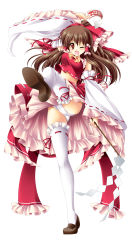 Rule 34 | 1girl, absurdres, arm up, ascot, blush, bow, breasts, brown eyes, brown hair, detached sleeves, female focus, frills, full body, gathers, gohei, hair bow, hair tubes, hakurei reimu, highres, japanese clothes, kamiya tomoe, leg up, loafers, long hair, medium breasts, midriff, miko, ofuda, one eye closed, open mouth, panties, pantyshot, ribbon, shoes, simple background, solo, standing, standing on one leg, thighhighs, touhou, underwear, white panties, white thighhighs, wink