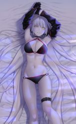 Rule 34 | 1girl, absurdres, ahoge, armpits, arms up, bed, bed sheet, bikini, black bikini, black choker, black gloves, black jacket, breasts, choker, cleavage, commentary request, cropped jacket, fate/grand order, fate (series), gloves, highres, jacket, jeanne d&#039;arc alter (swimsuit berserker) (fate), jeanne d&#039;arc (fate), jeanne d&#039;arc alter (fate), jeanne d&#039;arc alter (swimsuit berserker) (fate), large breasts, long hair, lying, navel, nipi27, o-ring, o-ring bottom, o-ring top, on back, shrug (clothing), smile, solo, swimsuit, thigh strap, white hair, yellow eyes