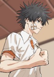 Rule 34 | 1boy, a certain high school uniform, aic oekaki, black eyes, black hair, blurry, blurry background, clenched hand, closed mouth, collared shirt, commentary request, gauze, highres, indoors, kamijou touma, male focus, orange shirt, school uniform, shirt, short sleeves, solo, spiked hair, toaru majutsu no index, upper body, white shirt