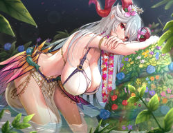 Rule 34 | 1girl, absurdres, armpits, bent over, bikini, blue hair, blush, breasts, butt crack, cleavage, colored inner hair, fire emblem, fire emblem heroes, flower, flower necklace, freyja (fire emblem), goat horns, gonzarez, gradient hair, grey hair, hair flower, hair ornament, hanging breasts, highres, horns, jewelry, large breasts, light blue hair, long hair, looking at viewer, multicolored hair, nail polish, navel, necklace, nintendo, official alternate costume, pelvic curtain, red eyes, showgirl skirt, simple background, smile, solo, swimsuit, thorns, white background, white bikini