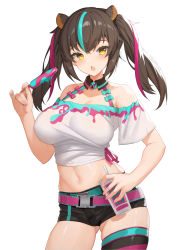 Rule 34 | 1girl, :o, animal ears, aqua hair, bare shoulders, black shorts, blush, breasts, brown hair, check copyright, cleavage, copyright request, cowboy shot, cup, food, gluteal fold, highres, indie virtual youtuber, large breasts, looking at viewer, multicolored hair, navel, off shoulder, open mouth, popsicle, short shorts, short sleeves, shorts, simple background, solo, streaked hair, takibi (tamikyo), thighs, virtual youtuber, white background, yellow eyes