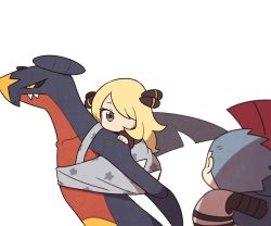 Rule 34 | 1boy, 1girl, black shirt, blonde hair, blue hair, chibi, coat, commentary, creatures (company), cynthia (pokemon), cyrus (pokemon), eye contact, eyelashes, fur-trimmed coat, fur trim, game freak, garchomp, gen 4 pokemon, grey eyes, hair ornament, hair over one eye, long sleeves, looking at another, looking to the side, nintendo, pokemon, pokemon (creature), pokemon dppt, riding, riding pokemon, shirt, simple background, ssalbulre, vest, weavile, white background