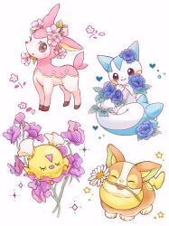 Rule 34 | animal focus, black eyes, blue flower, closed eyes, creatures (company), daffodil, deer, deerling, deerling (spring), dog, eyelashes, flittle, flower, game freak, gen 4 pokemon, gen 5 pokemon, gen 8 pokemon, heart, highres, hyoudo (d2 isu), nintendo, no humans, pachirisu, parted lips, pink flower, pokemon, pokemon (creature), purple flower, simple background, sparkle, tail, tongue, tongue out, white background, yamper