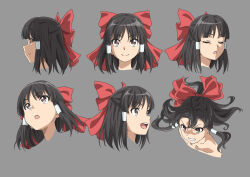 Rule 34 | 1girl, :d, :o, bare shoulders, black hair, bow, brown eyes, character sheet, closed mouth, collarbone, expressions, grin, gyouza (mhea5724), hair bow, hair tubes, hakurei reimu, happy, highres, medium hair, multiple views, open mouth, red bow, serious, sidelocks, smile, teeth, touhou, upper body, upper teeth only, v-shaped eyebrows