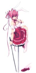 Rule 34 | 1girl, animal ears, bare shoulders, bow, breasts, choker, cleavage, di gi charat, dice, dice hair ornament, dress, frilled dress, frills, full body, hair ornament, hair ribbon, hand on own cheek, hand on own face, high heels, highres, holding, holding sword, holding weapon, katana, large breasts, long hair, looking back, parted lips, pink eyes, pink hair, rabbit ears, rabi~en~rose, red dress, refeia, ribbon, ribbon choker, shadow, unworn shoe, shoes, unworn shoes, simple background, single shoe, smile, socks, soles, solo, sword, twintails, usada hikaru, very long hair, weapon, white background, wrist ribbon