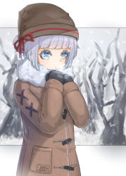 Rule 34 | 1girl, absurdres, bare tree, beanie, blue eyes, breathing on hands, brown coat, character request, coat, copyright request, flippy (cripine111), framed, fur scarf, hat, highres, light blush, long sleeves, looking to the side, mittens, own hands together, parted lips, red ribbon, ribbon, snow, snowing, solo, tree, white background, white hair, winter, winter clothes