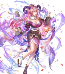 Rule 34 | 1girl, alternate costume, anbe yoshirou, black socks, blush, breasts, cleavage, confetti, curled horns, female focus, fire emblem, fire emblem heroes, floating, floating object, frilled sleeves, frills, fur trim, gloves, goat horns, hair ornament, highres, horns, large breasts, long hair, looking to the side, mismatched socks, multicolored hair, nerthuz (fire emblem), nerthuz (new year) (fire emblem), nintendo, no bra, non-web source, official alternate costume, official art, open mouth, origami, paper crane, pink hair, ponytail, purple eyes, smile, socks, solo, third-party source, two-tone hair, very long hair, white socks