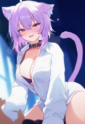 1girl ahoge animal_ear_fluff animal_ears belt_collar blush bra breasts cat_ears cat_girl cat_tail cleavage collar collarbone duplicate fang hair_between_eyes heart heart-shaped_pupils highres hololive koahri large_breasts long_sleeves looking_at_viewer nekomata_okayu nekomata_okayu_(oversized_shirt) official_alternate_costume open_mouth pixel-perfect_duplicate purple_bra purple_eyes purple_hair shirt short_hair skin_fang smile solo_focus symbol-shaped_pupils tail underwear virtual_youtuber white_shirt