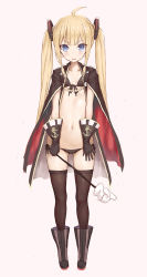 Rule 34 | 1girl, ahoge, amazon (azur lane), anchor symbol, azur lane, bikini, black bikini, black cape, black gloves, black thighhighs, blonde hair, blue eyes, boots, cape, flat chest, front-tie bikini top, front-tie top, full body, gloves, gluteal fold, goekawa, grabber tool, holding, long hair, looking at viewer, lowleg, lowleg bikini, open mouth, pink background, side-tie bikini bottom, sidelocks, simple background, solo, standing, sweatdrop, swimsuit, thighhighs, tsurime, twintails, wavy mouth