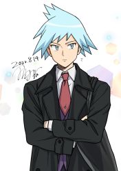 Rule 34 | 1boy, black coat, blue eyes, blue hair, closed mouth, coat, collared shirt, commentary request, creatures (company), crossed arms, dated, game freak, highres, long sleeves, male focus, necktie, nintendo, notice lines, one-hour drawing challenge, open clothes, open coat, pokemon, pokemon rse, purple vest, red necktie, shirt, short hair, sideways glance, signature, solo, steven stone, tamura (kouititamura), upper body, vest, white shirt