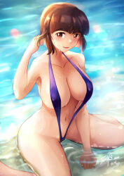 Rule 34 | 1girl, absurdres, adjusting hair, artist name, bare shoulders, beach, between legs, blunt bangs, blurry, blush, bob cut, bokeh, breasts, brown eyes, brown hair, cameltoe, cleavage, collarbone, commentary, commission, dated, depth of field, english commentary, groin, hand between legs, hand up, highres, in water, large breasts, looking at viewer, mixed-language commentary, navel, ocean, on ground, one-piece swimsuit, outdoors, parted lips, partially submerged, playing with own hair, purple one-piece swimsuit, ranma 1/2, shallow water, short hair, signature, sitting, slingshot swimsuit, smile, solo, swimsuit, tendou nabiki, twitter username, wariza, water, wet, wide hips, zee n3