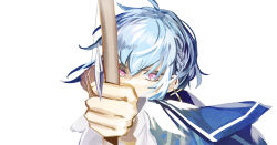 Rule 34 | 1boy, aiming, aiming at viewer, akuma shitsuji to kuroi neko, androgynous, blue hair, blue sailor collar, bow (weapon), bow and arrow hold, covering own mouth, cross, cross earrings, earrings, flure garcia, highres, jewelry, light blue hair, long sleeves, looking at viewer, male focus, pink eyes, sailor collar, shirt, short hair, sketch, solo, user kvxd4455, weapon, white shirt