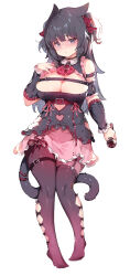 Rule 34 | 1girl, absurdres, animal ears, asymmetrical legwear, warrior of light (ff14), black choker, black dress, black hair, black thighhighs, bow, bowtie, breasts, cat ears, cat girl, cat tail, chest cutout, choker, cleavage, closed mouth, clothing cutout, collared dress, detached sleeves, dress, facial mark, feet, final fantasy, final fantasy xiv, fishnet pantyhose, fishnets, frilled dress, frills, full body, garter straps, grey eyes, hair bow, hand on own chest, hand up, highres, holding, holding microphone, large breasts, long hair, long sleeves, looking at viewer, microphone, miqo&#039;te, mole, mole under eye, no shoes, original, pantyhose, pink dress, red bow, red bowtie, see-through, see-through legwear, short dress, simple background, solo, stomach cutout, tail, tail strap, thigh strap, thighhighs, toes, two-tone dress, two side up, whisker markings, white background, zhazhapao