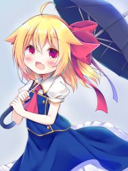 Rule 34 | 1girl, :d, ahoge, ascot, black umbrella, blonde hair, blue skirt, blue vest, blush, bow, collared shirt, commentary request, esureki, fang, grey background, hair between eyes, hair bow, hands up, highres, holding, holding umbrella, long hair, open mouth, puffy short sleeves, puffy sleeves, red ascot, red bow, red eyes, rumia, shirt, short sleeves, simple background, skirt, smile, solo, touhou, umbrella, vest, white shirt