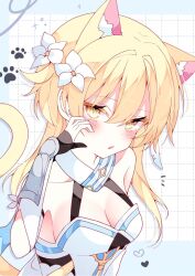 Rule 34 | animal ears, blonde hair, cat ears, cat tail, flower, genshin impact, hair flower, hair ornament, highres, looking at viewer, lumine (genshin impact), open mouth, paw print, paw print background, scarf, short hair with long locks, suisei 1121, tail, upper body, white flower, white romper, white scarf, yellow eyes