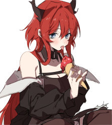 Rule 34 | 1girl, arknights, armpit crease, bare shoulders, black dress, blue eyes, blush, demon girl, demon horns, detached collar, dress, food, highres, holding, holding food, horns, ice cream, jacket, long hair, na tarapisu153, off shoulder, red hair, simple background, sleeveless, sleeveless dress, solo, surtr (arknights), thighhighs, tongue, tongue out, white background