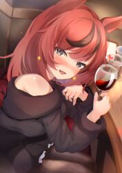 Rule 34 | 1girl, absurdres, aged up, akiba monaka, alcohol, animal ears, bare shoulders, black pantyhose, black sweater, blush, cup, drinking glass, drunk, grey eyes, heart, highres, horse ears, horse girl, jewelry, looking at viewer, multicolored hair, nice nature (umamusume), open mouth, pantyhose, red hair, ring, smile, solo, streaked hair, sweater, umamusume, wedding ring, wine, wine glass