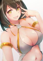 Rule 34 | 1girl, :d, arknights, armlet, bare shoulders, bikini, black hair, breasts, commentary request, criss-cross halter, dermar, grey background, grey bikini, hair between eyes, halterneck, hand up, highres, large breasts, looking at viewer, magallan (arknights), multicolored hair, navel, open mouth, revision, short hair, smile, solo, stomach, streaked hair, swimsuit, upper body, yellow eyes