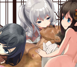 Rule 34 | 1boy, 3girls, :&gt;, aqua eyes, asashio (kancolle), black hair, blush, braid, brown hair, character request, closed eyes, closed mouth, commentary request, curly hair, dark-skinned male, dark skin, eyelashes, freckles, gloves, grey hair, hair flaps, hair ornament, hair over shoulder, half-closed eyes, highres, indoors, kantai collection, kashima (kancolle), long hair, looking at another, manatsu no yo no inmu, multiple girls, nipples, nude, open mouth, parody, realistic, shigure (kancolle), single braid, smile, white gloves, yamaguchigumi
