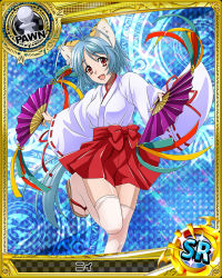 Rule 34 | 10s, 1girl, animal ears, antenna hair, argyle, argyle background, argyle clothes, artist request, blue background, blue hair, border, bow, card (medium), cat ears, character name, chess piece, dual wielding, earrings, fang, folding fan, foreshortening, hakama, hakama short skirt, hakama skirt, halftone, halftone background, hand fan, happy, head tilt, high school dxd, holding, holding fan, japanese clothes, jewelry, leg lift, leg up, li (high school dxd), lolita fashion, long hair, long sleeves, low ponytail, magic circle, miko, miniskirt, official art, outstretched arms, paper fan, parted bangs, pawn (chess), pleated skirt, ponytail, red bow, red eyes, red ribbon, red skirt, ribbon, ribbon-trimmed sleeves, ribbon trim, runes, sandals, short hair, skirt, solo, sparkle, standing, standing on one leg, tabi, thighhighs, trading card, very long hair, white thighhighs, wide sleeves, zettai ryouiki