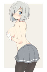 Rule 34 | 10s, 1girl, :o, asymmetrical hair, back, black pantyhose, blue eyes, blush, border, breasts, covering breasts, covering privates, from side, gloves, grey background, grey skirt, hair ornament, hair over one eye, hairclip, hamakaze (kancolle), kantai collection, kugui kiyunemu, large breasts, looking at viewer, looking to the side, outside border, pantyhose, parted lips, pleated skirt, short hair, silver hair, simple background, skirt, solo, standing, topless, white border, white gloves