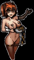 Rule 34 | 1girl, ahoge, animated, animated gif, asymmetrical gloves, asymmetrical legwear, bouncing breasts, breasts, brown eyes, character request, coin, collarbone, completely nude, cowboy shot, darkest dungeon, detached sleeves, elbow gloves, gloves, holding, holding plate, hostess, jefuty (artist), large breasts, linked piercing, looking at viewer, lowres, navel, nipple piercing, no bra, no panties, nude, nude mod, orange hair, piercing, plate, pussy piercing, side ponytail, smile, solo, thigh strap, thighhighs, transparent background