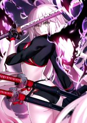 Rule 34 | 1girl, ahoge, ass, back, belt, bikini, black bikini, black fire, black gloves, black jacket, breasts, commentary request, cropped jacket, dragon, fate/grand order, fate (series), fire, gloves, grin, hair between eyes, highres, hip focus, jacket, jeanne d&#039;arc alter (swimsuit berserker) (fate), jeanne d&#039;arc (fate), jeanne d&#039;arc alter (fate), jeanne d&#039;arc alter (swimsuit berserker) (fate), katana, long hair, looking at viewer, looking back, medium breasts, o-ring, pale skin, paperfinger, sheath, silver hair, smile, solo, swimsuit, sword, thighs, very long hair, weapon, yellow eyes