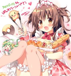 Rule 34 | &gt; &lt;, 3girls, :d, :o, ahoge, baguette, blush, bow, bowtie, bread, bridal garter, brown eyes, brown hair, chibi, closed eyes, commentary request, doughnut, food, frills, hair bow, heart, knees together feet apart, lemon-chan, maid headdress, melon-chan, melonbooks, mini person, minigirl, multiple girls, neckerchief, open mouth, original, pan (mimi), pink bow, pink bowtie, red bow, red neckerchief, short sleeves, side ponytail, sitting, sliding, smile, thighhighs, tongs, twintails, two side up, wrist cuffs, yellow bow
