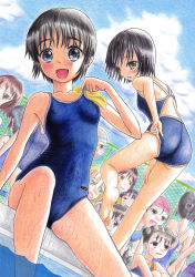 Rule 34 | 6+girls, ass, bare legs, barefoot, black hair, blush, commentary request, competition school swimsuit, covered erect nipples, double bun, hair bun, hidaka medaka, highres, looking at viewer, multiple girls, object in clothes, object in swimsuit, open mouth, school swimsuit, swim cap, unworn swim cap, swimsuit, wet