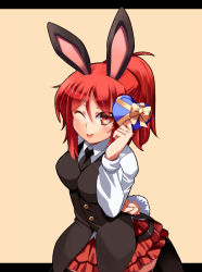 Rule 34 | 1girl, ;p, animal ears, arm behind back, bad id, bad pixiv id, blush, box, chibi (nekomimimi), gift, gift box, letterboxed, long hair, necktie, one eye closed, original, pantyhose, ponytail, rabbit ears, rabbit tail, red eyes, red hair, ribbon, solo, tail, tongue, tongue out, valentine, wink