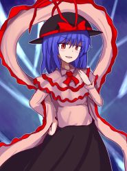 Rule 34 | &gt;:d, 1girl, :d, blouse, blush, hand to own mouth, hands on own hips, long skirt, looking at viewer, nagae iku, nikori, open mouth, purple hair, red eyes, shawl, shirt, short hair, skirt, smile, smug, solo, touhou, v-shaped eyebrows
