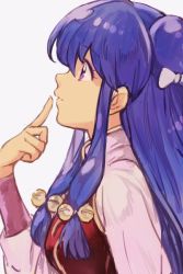 Rule 34 | 1girl, bell, blue hair, bow, double bun, finger to mouth, from side, grey background, hair between eyes, hair bow, hungry clicker, jingle bell, long hair, long sleeves, looking up, profile, purple eyes, ranma 1/2, shampoo (ranma 1/2), sidelocks, simple background, solo, upper body, vest, white bow