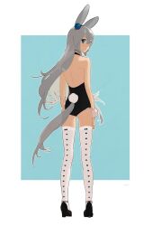 Rule 34 | 1girl, :o, alternate costume, animal ears, backless leotard, bare shoulders, black footwear, black leotard, blue eyes, clothing cutout, fake tail, from behind, full body, grey hair, hairband, high heels, horse ears, horse girl, horse tail, leotard, long hair, looking at viewer, looking back, rabbit tail, rongai rongai, scrunchie, signature, solo, standing, tail, tail through clothes, tamamo cross (umamusume), thighhighs, umamusume, white thighhighs, wrist scrunchie
