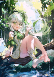 Rule 34 | 1girl, absurdres, arm support, bare shoulders, bloomers, blush, cross-shaped pupils, crystalfly (genshin impact), day, dress, feet, floating hair, full body, genshin impact, golem (he ji gao), gradient hair, green eyes, green hair, hair between eyes, highres, in tree, looking at viewer, multicolored hair, nahida (genshin impact), nature, open mouth, outdoors, pointy ears, side ponytail, single sock, sitting, sitting in tree, sleeveless, sleeveless dress, socks, solo, stirrup legwear, symbol-shaped pupils, teeth, thighs, toeless legwear, toes, tree, underwear, upper teeth only, water, wet, white bloomers, white hair, white socks