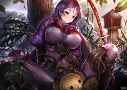 Rule 34 | 1girl, arm guards, armor, black gloves, bodysuit, breasts, fate/grand order, fate (series), fingerless gloves, gdat, gloves, japanese armor, kote, large breasts, loincloth, long hair, low-tied long hair, minamoto no raikou (fate), outdoors, parted bangs, purple bodysuit, purple eyes, purple hair, ribbed sleeves, rope, sitting, smile, solo, suneate, tabard, tree, very long hair