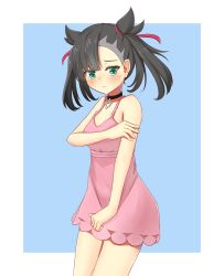 Rule 34 | 1girl, absurdres, aqua eyes, asymmetrical bangs, asymmetrical hair, bare arms, bare shoulders, black hair, blue background, blush, breasts, choker, commentary request, creatures (company), dress, embarrassed, frown, game freak, hair ribbon, highres, inema 11, long hair, looking at viewer, marnie (pokemon), nintendo, pink dress, pokemon, pokemon swsh, red ribbon, ribbon, simple background, small breasts, solo, twintails