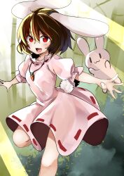 Rule 34 | 1girl, :3, absurdres, animal ears, bamboo, bamboo forest, blush, breasts, brown hair, carrot necklace, commentary request, dress, floppy ears, foot out of frame, forest, frilled sleeves, frills, hair between eyes, highres, inaba mob (touhou), inaba tewi, jewelry, kushidama minaka, light beam, looking at viewer, nature, necklace, one-hour drawing challenge, open mouth, outstretched arms, pink dress, puffy short sleeves, puffy sleeves, rabbit, rabbit ears, rabbit girl, rabbit tail, red eyes, ribbon-trimmed dress, running, short hair, short sleeves, small breasts, smile, solo, spread arms, tail, touhou