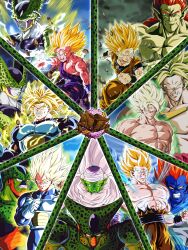 Rule 34 | 6+boys, android 13, angry, armor, blonde hair, bojack, broly (dragon ball z), caps, cell (dragon ball), creature, dragonball z, earrings, evil grin, evil smile, gloves, grin, highres, jewelry, looking at another, looking at viewer, multiple boys, piccolo, red hair, serious, smile, smug, son gohan, son goku, standing, trunks (dragon ball), trunks (future) (dragon ball), vegeta, yellow eyes