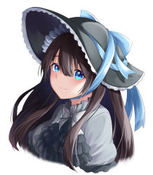 Rule 34 | 1girl, ascot, black ascot, black hair, black hat, blue bow, blue eyes, bow, capelet, closed mouth, commentary request, cropped torso, enatsu, hair between eyes, hat, hat bow, highres, long hair, looking at viewer, original, simple background, smile, solo, upper body, virtual youtuber, white background, white bow, white capelet