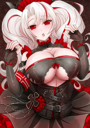 Rule 34 | 1girl, :o, azur lane, black corset, black dress, black gloves, blush, breasts, cleavage, clothing cutout, collarbone, commentary request, corset, dress, elbow gloves, eyelashes, fingerless gloves, frilled dress, frills, gloves, highres, huge breasts, long hair, looking at viewer, maid headdress, multicolored hair, official alternate costume, prinz adalbert (after-hours service) (azur lane), prinz adalbert (azur lane), red eyes, red hair, sai-go, silver hair, solo, streaked hair, two-tone hair, underboob, underboob cutout