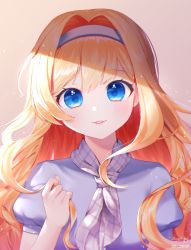 Rule 34 | 1girl, absurdres, artist name, bad id, bad pixiv id, blonde hair, blue eyes, blue shirt, blush, breasts, dd 0000, hairband, hand up, head tilt, highres, holding, holding own hair, huge filesize, long hair, looking at viewer, original, parted lips, puffy short sleeves, puffy sleeves, shirt, short sleeves, small breasts, smile, solo, sunlight, teeth, upper body